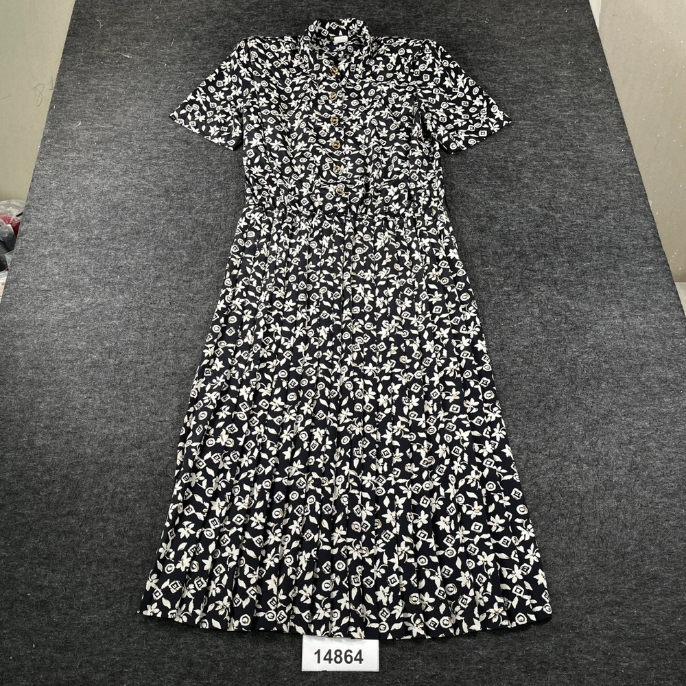 Stuart Alan Maxi Dress Womens 10 Black White Floral Pleated Short Sleeve Party